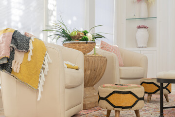 Eclectic Living Room with Mustard, Blush, and Cream Decor