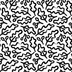 Oak leaves and acorns seamless pattern. Hand drawn vector botanical background. Black bold brush strokes and texture lines. Hand-drawn sketch style and naive drawing of oak leaves. Modern ornament.