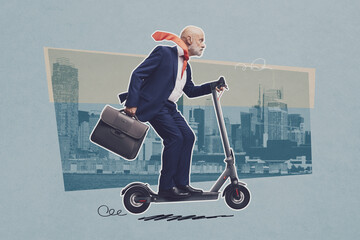 Businessman riding an electric scooter, vintage poster design