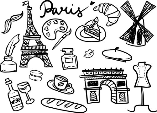 Doodle vector set with hand drawn Paris, France symbols.