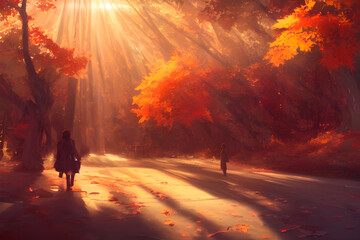 Naklejka na ściany i meble Sunlight in an autumn forest. 