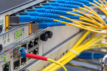 Optical Line Terminal with Connected Fiber Optic Patch Cords Close-up