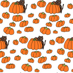 Cute white pattern, doodle line pumpkins with a cat. Halloween seamless background. For fabric textile, home, baby pet.