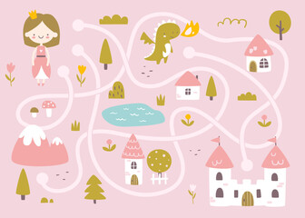 Fairy tale mini labyrinth game for baby girls. Fantasy kingdom maze with princess for kids.