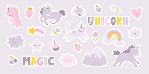 Unicorn animals violet stickers set. Cute unicorns and sweets purple collection. Girly sticker pack.