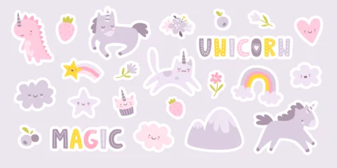 Fotobehang Unicorn animals violet stickers set. Cute unicorns and sweets purple collection. Girly sticker pack. © Sonium_art