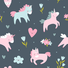 Cute scandinavian pattern with unicorns. Girly vector seamless print for textile and nursery.