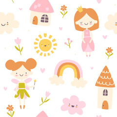 Cute girly fairytale pattern. Cartoon seamless vector fantasy print for baby textile and nursery.