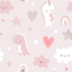 Cute scandinavian baby pattern with unicorn dino. Seamless vector pink print for girls fabric.