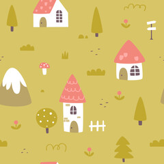 Cute medieval village pattern. Rural map seamless vector print for kids textile and carpets.