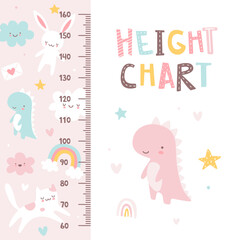 Height chart with cute baby animals. Scandinavian girly ruler. Kawaii stadiometer for nursery.