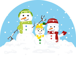 Snowing snowman family illustration, on white background.