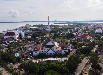 Fototapeta na wymiar The landscape of the Batam Center area seen from a height. In this area there is the Batam City square, the Mayor's Office, the Grand Mosque, and the Legislative building