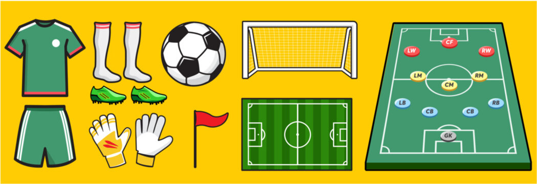 FOOTBALL SOCCER SET ITEMS. Set of the soccer related. Soccer icon pack. VARIOUS SOCCER ITEMS, SOCCER BALL, JERSEY, SHORTS, GLOVES, GOAL,  SHOES, SOCKS, FIELD 