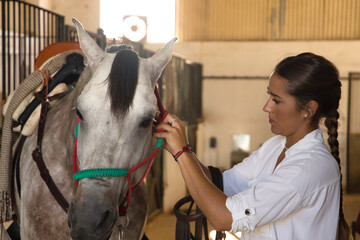 Beautiful young woman adjusting her horse's chinstrap inside a stable. Concept horse riding,...