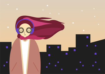 Hijab women walked alone with city silluette in autumn season sky