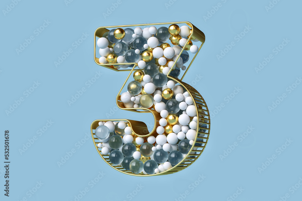 Poster spheres 3d font of gold, glass and white floating in a golden structure. beautiful digit number 3 in