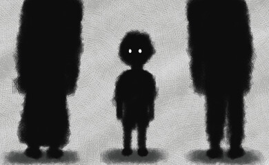 Silhouette of a child standing in the middle of an adult. Digital art style. illustration painting.
