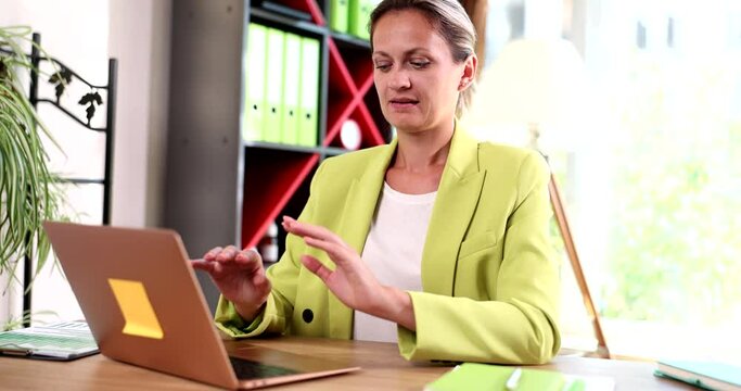Female secretary starting chaotically working on keyboard at sight of boss 4k movie slow motion