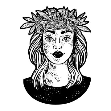 girl in weed wreath on head line art sketch PNG illustration with transparent background