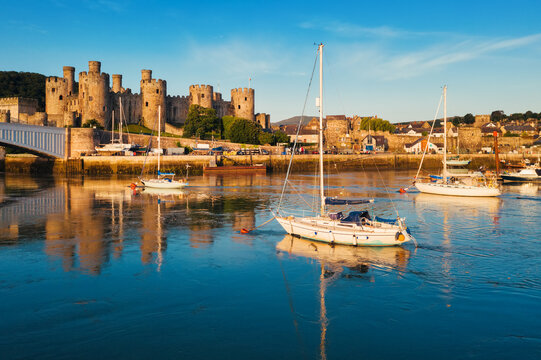 Yachts in Conwy town, Wales, United Kingdom