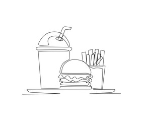 Continuous line drawing of Hand Hamburger, French Fries and drink vector illustration. Junk Food single line hand drawn minimalism style.
