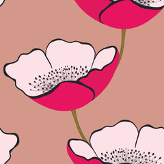 Seamless floral pattern with pink tulips. Cartoon style. Design for fabric, textile, paper. Spring colorful vector illustration, fowers with leaves. Holiday print for Birthday, 8 march