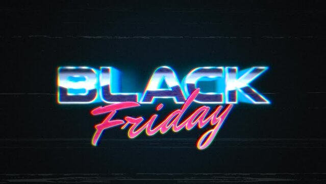 Black Friday with retro lines and noise on dark computer screen, motion abstract holidays, club and retro style background
