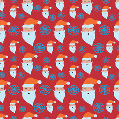 Pattern Santa Claus with snowflakes on a festive red background. For fabrics and wrapping paper. Vector.