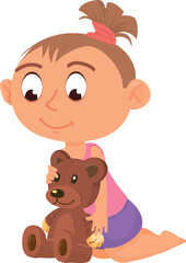 Cartoon baby girl with teddy bear. Kid playing with soft toy