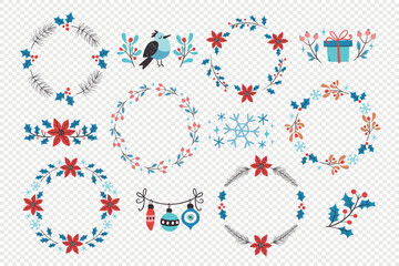 Winter decorative arrangements. Collection of wreath and cute dividers isolated on white background. Seasonal floral decoration. Vector illustration.