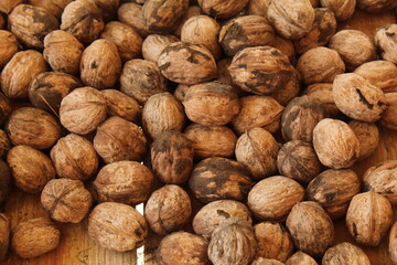 Some walnuts on a wooden bench