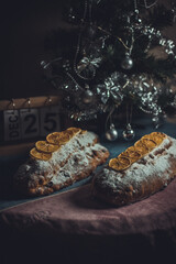Christmas holiday stollen. National German pastry. Beautiful decoration. Festive dish. High-quality photo