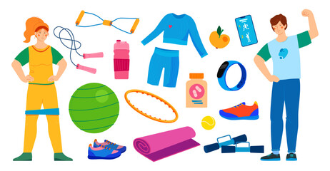 Sports equipment and activity - flat design style illustration set