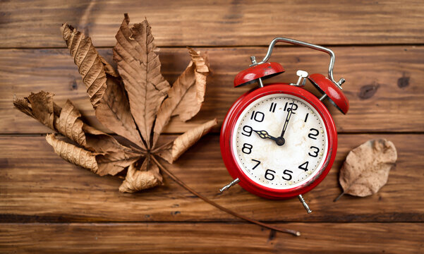 Red retro alarm clock with dry autumn leaves. Daylight savings time, fall background.