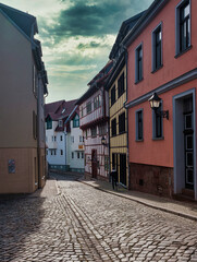 View of old town in Europe in beautiful evening light at sunset.