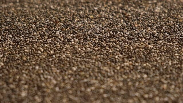 Chia Seeds Wallpaper. Raw Chia Seeds Rotating on Turntable. Close Up, Top View, Macro. Superfood. Spinning. Full Frame. Food Background. Shiny textured White, Gray and Brown Chia. Paleo Diet Concept.