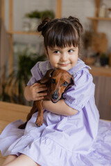Adorable little girl in a beautiful dress plays with a dachshund dog in the kitchen and feeds her