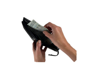 Fototapeta Dłonie kobiety otwierające skórzany portfel z banknotami euro w środku na jasnym (przezroczystym) tle. obraz