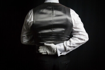 Portrait of Butler or Waiter in Waistcoat and White Gloves Standing at Respectful Attention. At Your Service Concept. Professional Hospitality.