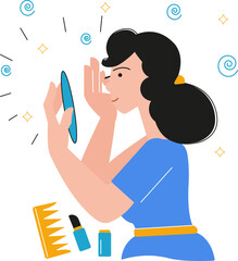 Illustration of a girl holding a mirror in her hands and painting her eyelashes