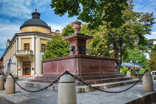 Fountain "Four Lions" made of red marble in baroque style in Sremski Karlovci, Serbia