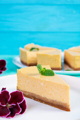 Homemade cheesecake with pumpkin. Slice of delicious cake with pumpkin