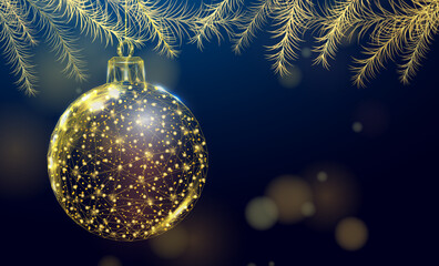 Christmas ball and Christmas tree branches. New Year banner. Wireframe abstract modern 3d vector illustration on blue background.