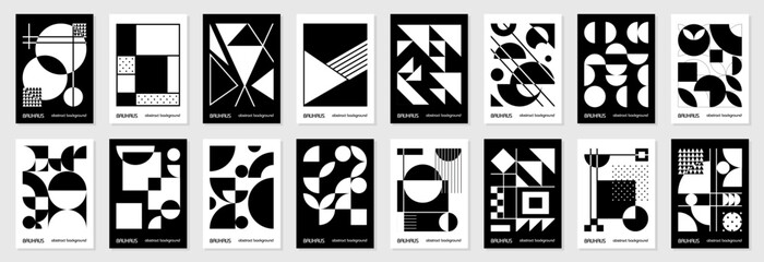 Set of 16 minimal vintage 20s geometric design posters, wall art, template, layout with primitive shapes. Bauhaus retro pattern background, vector abstract circle, triangle and square line art - obrazy, fototapety, plakaty