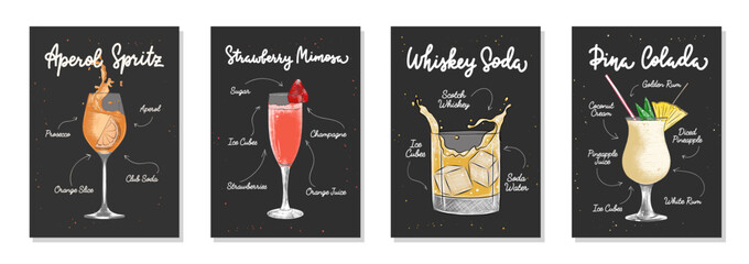 Fototapeta Set of 4 advertising recipe lists with alcoholic drinks, cocktails and beverages lettering posters, wall decoration, prints, menu design. Hand drawn vector engraved sketches. Handwritten calligraphy. obraz