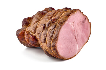 Cold smoked meat, rustic style, isolated on white background.
