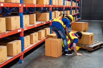Warehouse factory worker helping to pick up colleague, Parcel box falls from the shelves to hit...