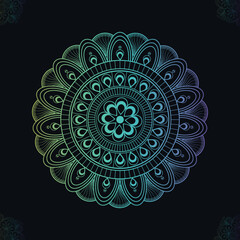 Digital gradient mandala on Black background.  Mandala with floral patterns. Circular pattern in form of mandala for Henna, Mehndi, tattoo, decoration.