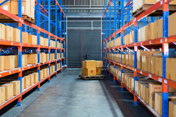 Background of parcel boxes arranging on the shelves in the warehouse distribution